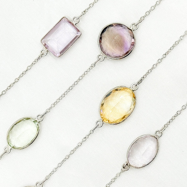 Sterling Silver Multi Gemstone Chain, Amethyst Topaz Quartz Bezel, Dainty Cable Bead image 2