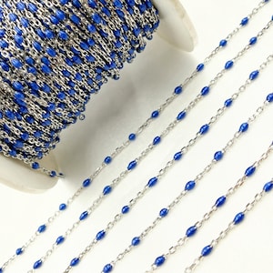 925 Sterling Silver Chain by foot, 2x1mm Blue Enamel Satellite Chain, Blue Tiny Bead Chain, Permanent Jewelry, Jewels and Chains. V203BLSS