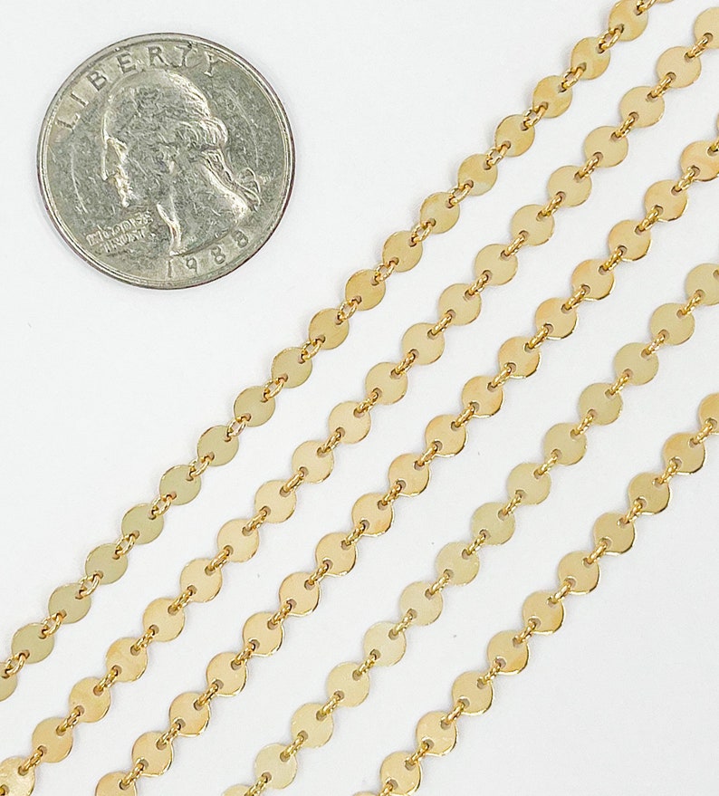 4mm 14k gold filled chain by foot, unfinished circle sequin chain, small round coin chain yard, round disc bracelet chain bulk. 109571 image 4