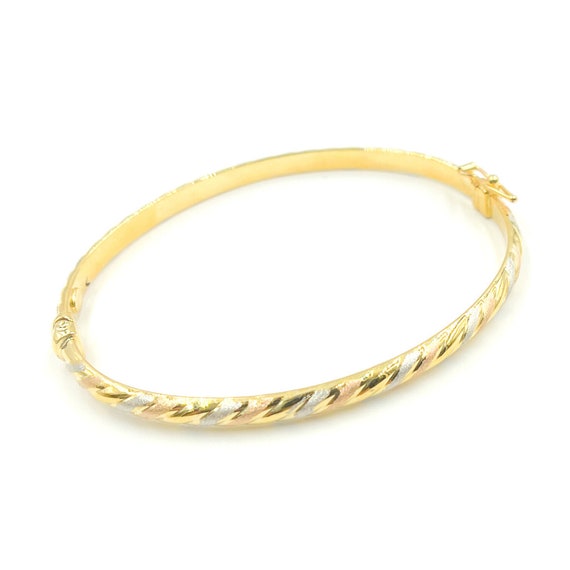 14K Solid Gold Hollow Tri color Twisted Bangle Bracelet 66x54mm