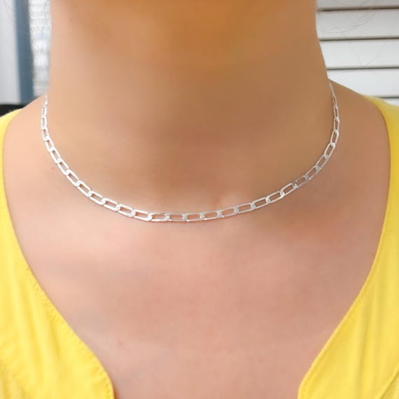 925 Sterling Silver Flat Paperclip Necklace. Rectangle Link 9x4mm