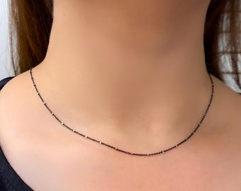 Dainty Bead Chain Choker Necklace, Silver Beaded Satellite Necklace Choker, Black Polish with Gold Bead Satellite Chain Wholesale. Z36GB1F
