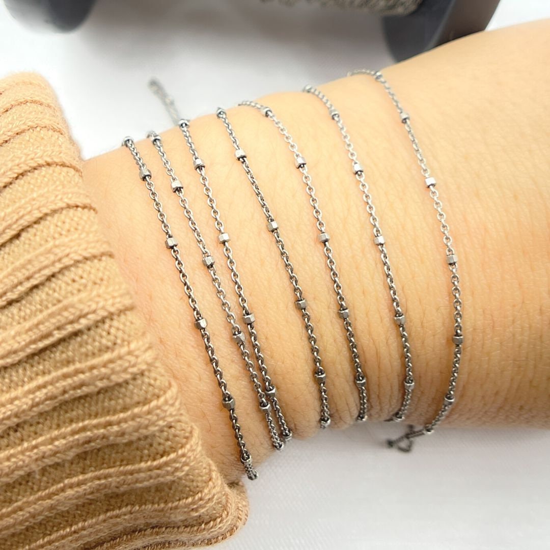 1.4mm Oxidized Sterling Silver Satellite Chain, Dainty Cube Bead