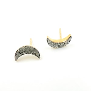 Pave diamond moon stud earrings, tiny crescent moon champagne diamond earrings, small celestial earrings, gold, rose gold, gunmetal earrings