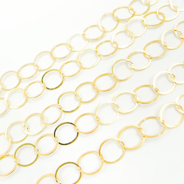 10mm 14k Gold Filled Chain by foot, Unfinished Flat Big Circle Chain, Wholesale Chain by Yard, Large Round Shiny Link Chain. 106931F