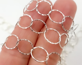 17mm Hammered Sterling Silver Round Link Chain, Sold By The Foot. 756KSS