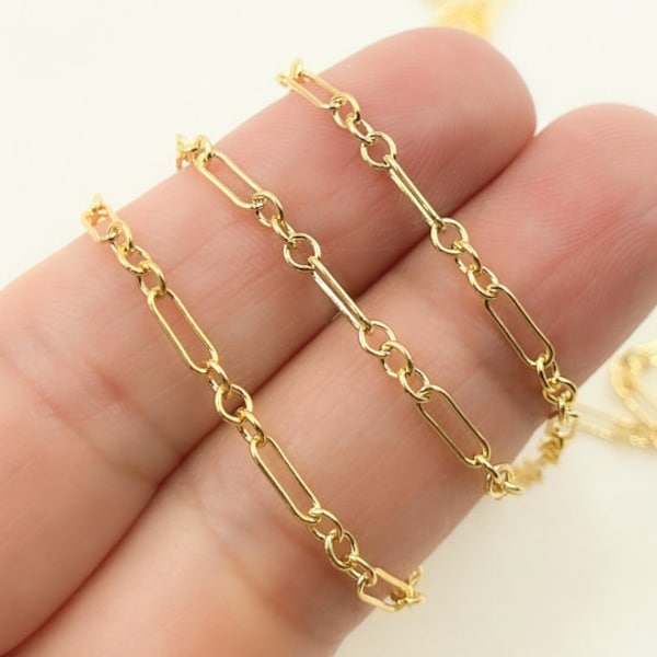 1FT 6x2mm 14k Gold Filled Rectangle & Round Link Chain by foot, Unfinished dainty drawn link Chain, Wholesale Jewelry Making Chain. 101931