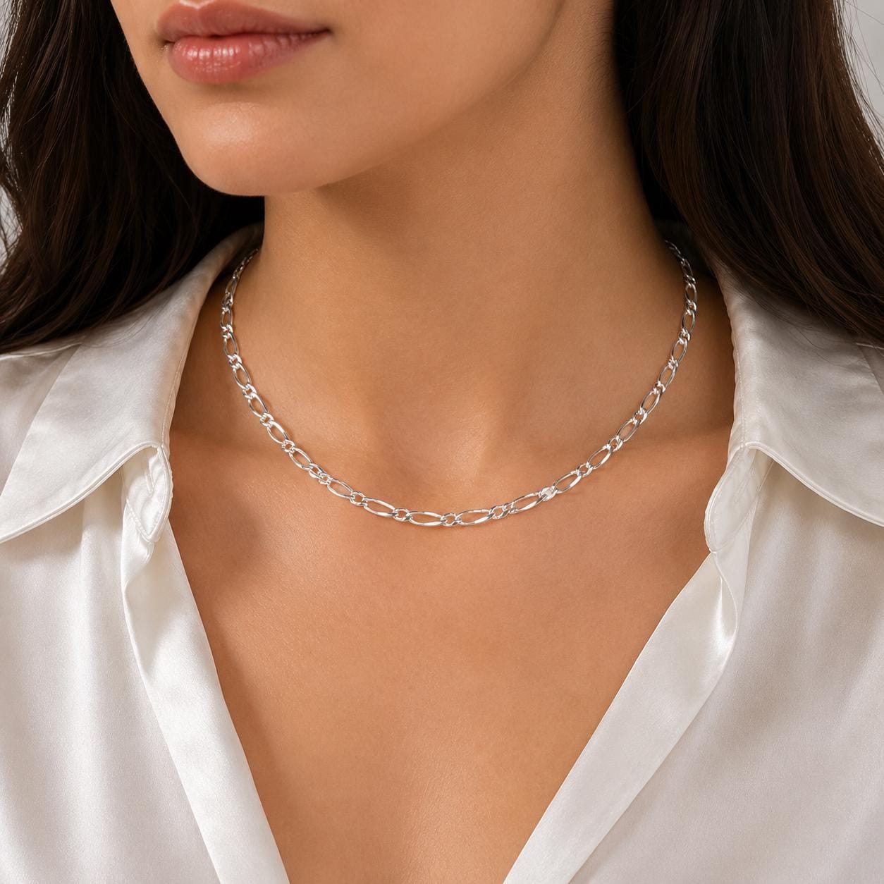 925 Sterling Silver Figaro Diamond Cut Necklace, Elegant Silver