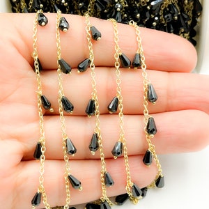 1FT 6x4mm spinel 925 silver Dangle Chain by foot, Gold Plate Teardrop Black Spinel Bead Chain, Pear Shape Spinel Shaker Necklace Chain Bulk