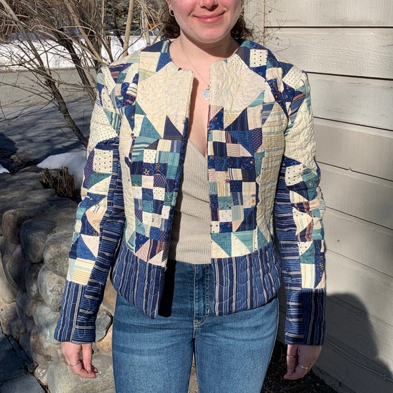 Handmade Quilt Coat/Quilt Jacket. Lined Jacket Made from Handmade Quilt. Blue/White/Grey