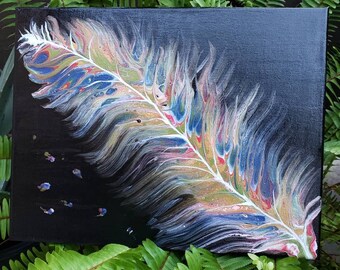 May include: Abstract painting of a colorful feather on a black background. The feather is painted with shades of blue, green, yellow, and white. The painting has a fluid, organic feel.