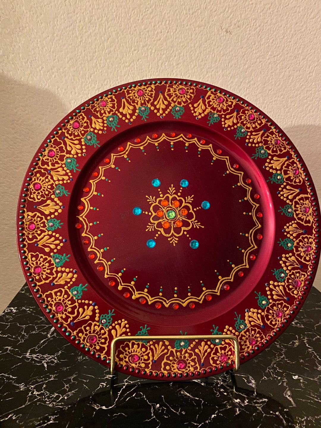 Decorative Trays, Henna Decorated Red Plate, Custom Plates, Henna