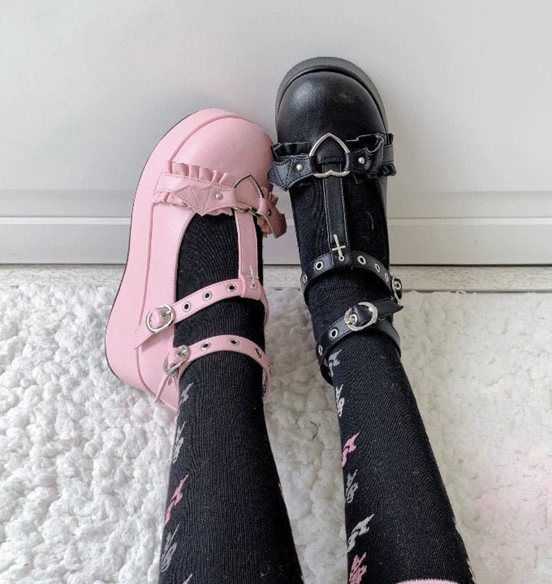 Y2K Harajuku Lolita High Platform Shoes Gothic Black Pink | Etsy