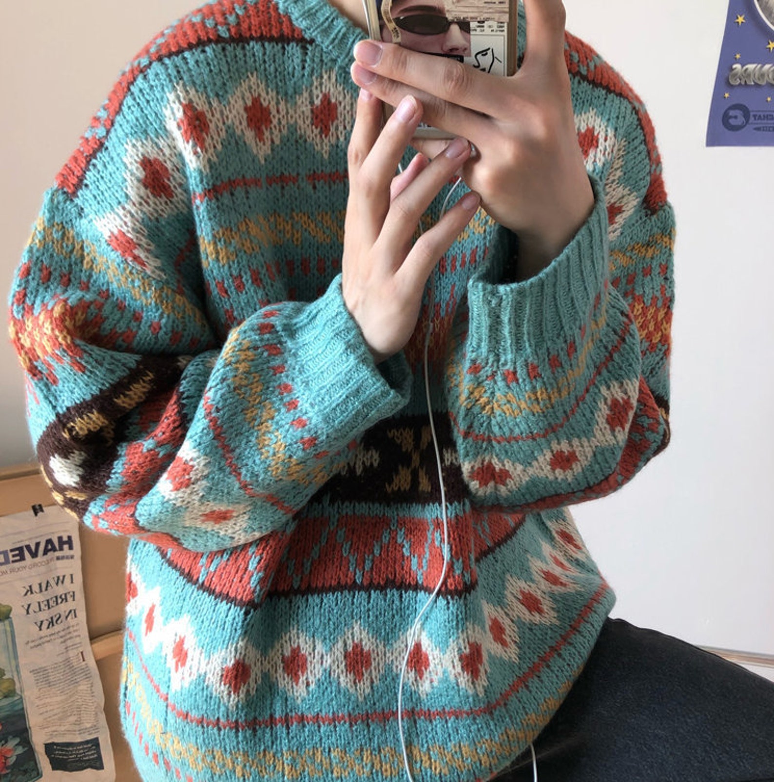 Y2K Harajuku Vintage Knit Sweater Geometric Pattern Baggy Etsy