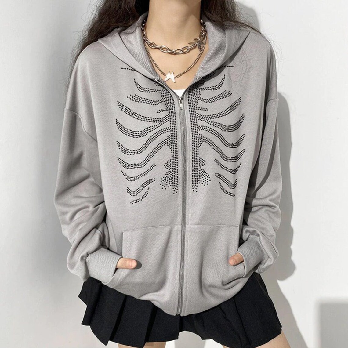 rhinestone skull zipper hoodie