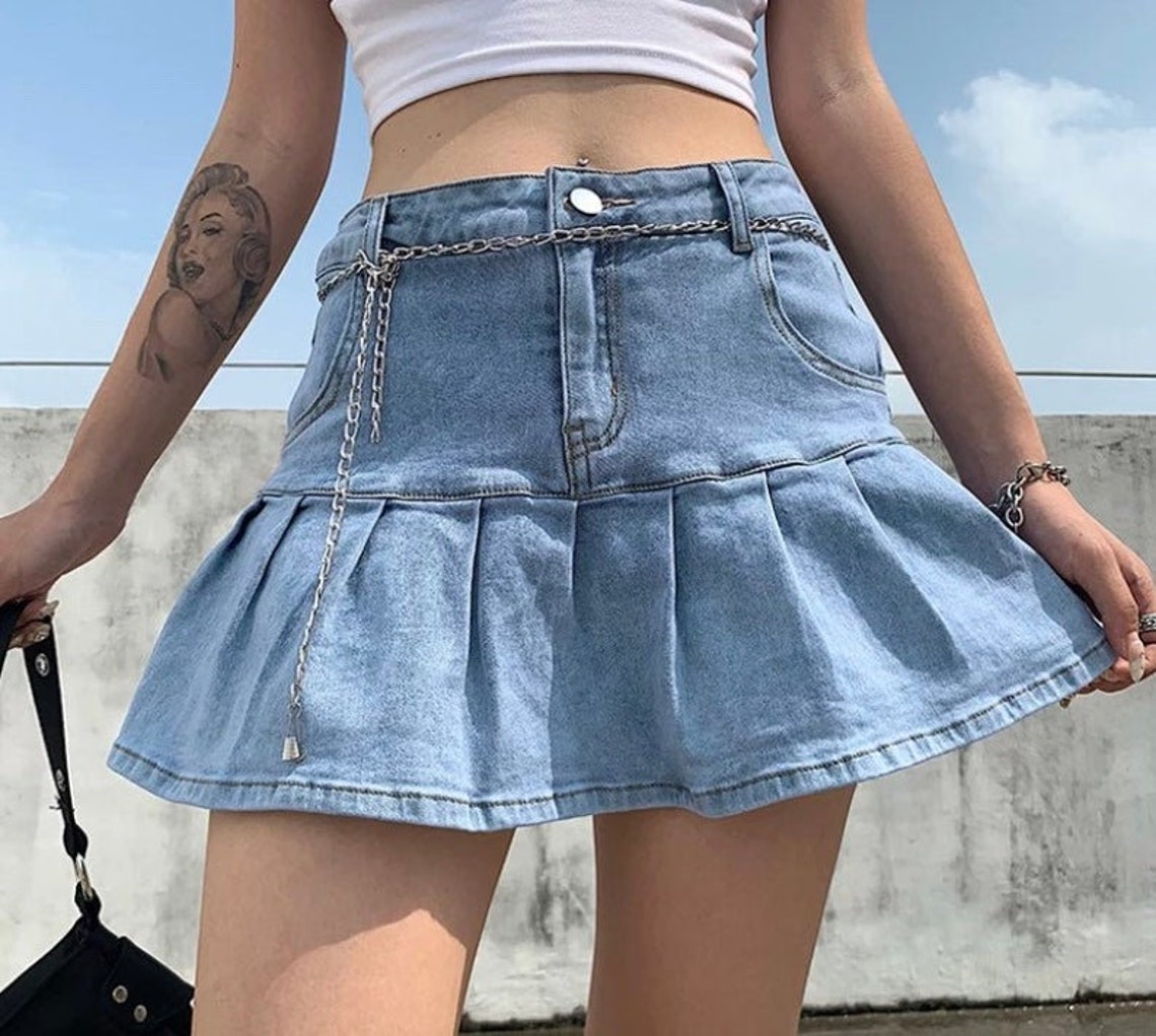 Pleated Denim Mini Skirt Y2K School Girl Skirt | Etsy