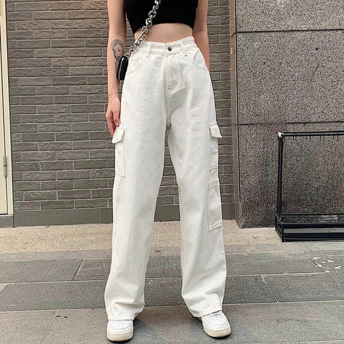 White Cargo Jeans White Baggy Jeans High Waisted Denim Etsy
