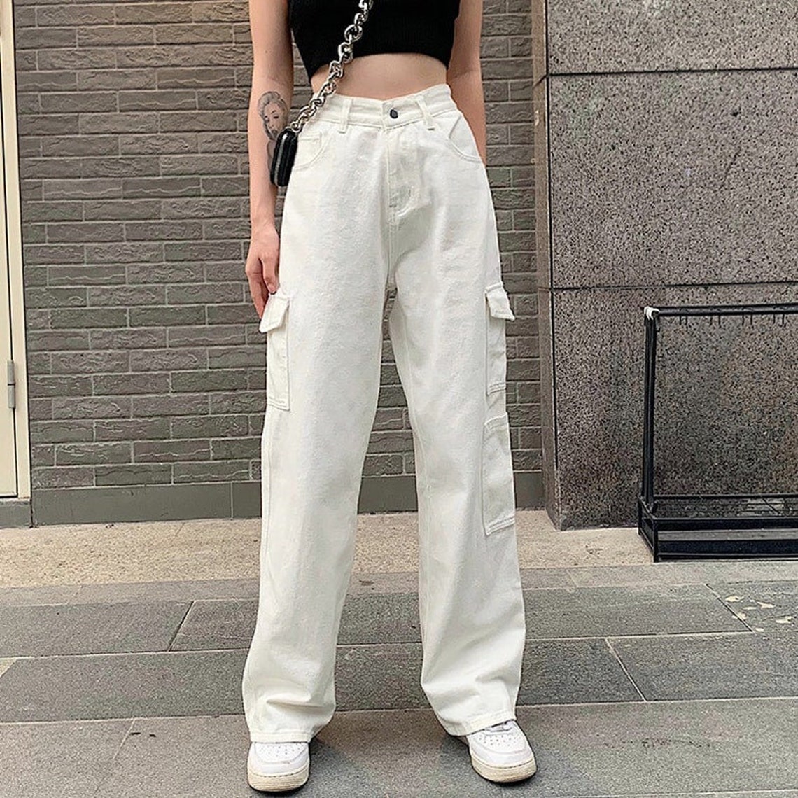 White Cargo Jeans White Baggy Jeans High Waisted Denim | Etsy