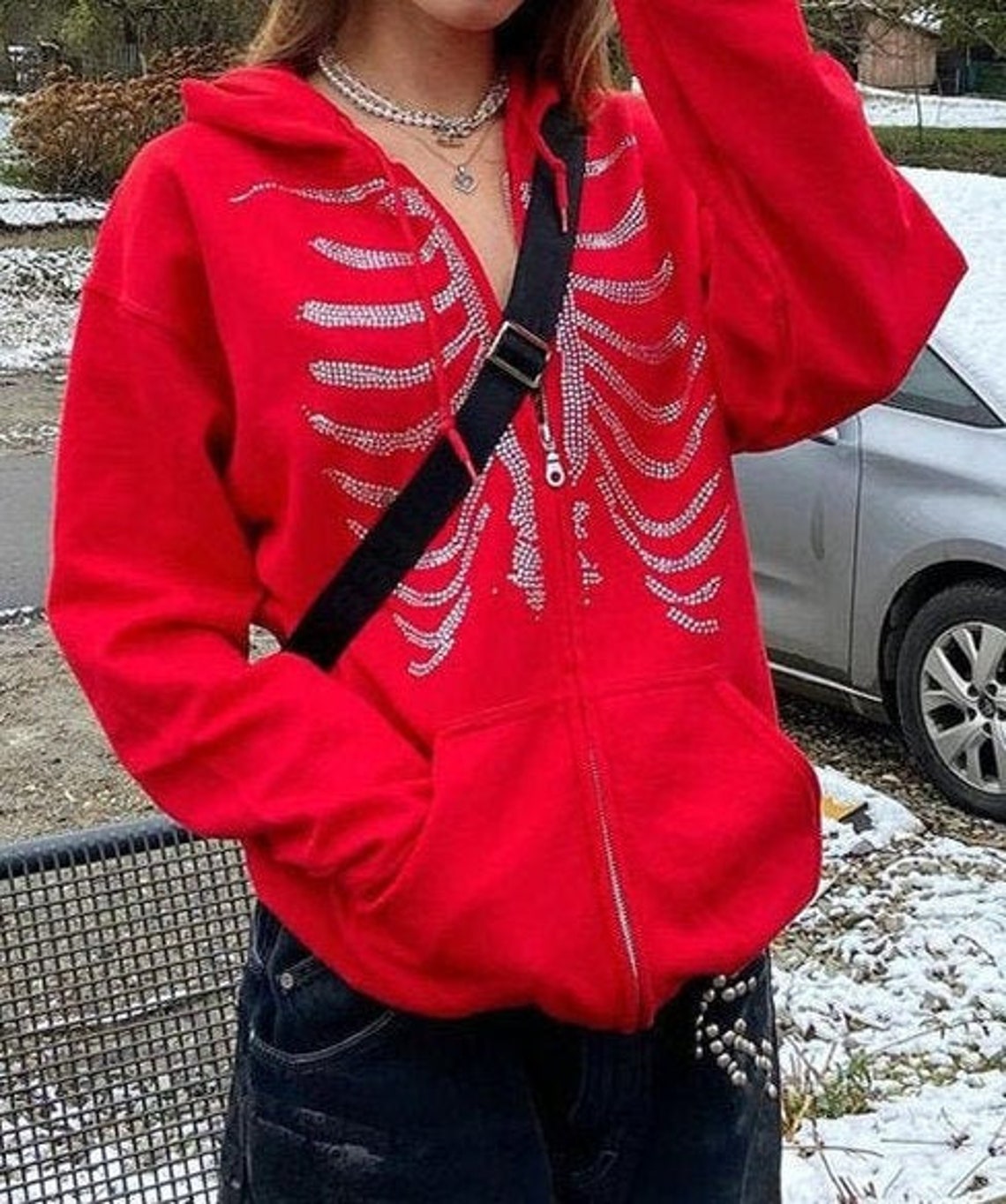 Y2K Skeleton Strass Zip Up Hoodie Rouge et Noir Grunge Etsy