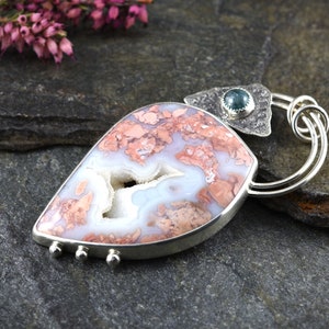 Drusy Agate And Sterling Silver Pendant, XL Statement Pendant, Cotton Candy And Kyanite Pendant, Artisan Agate Pendant, Large Agate Pendant