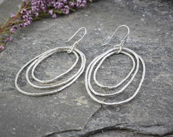 Multi Hoop Earrings, Sterling Silver Hoop Earrings, Long Hoops Earrings, Hammered Texture Hoops, 925 Hammered Multi Hoops, Everyday Hoops,