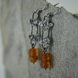 Reticulated Sterling Silver And Amber Earrings, Textured 925 Silver Dangle Earrings, Raw Silver Statement Earrings, Artisan Earrings, OOAK