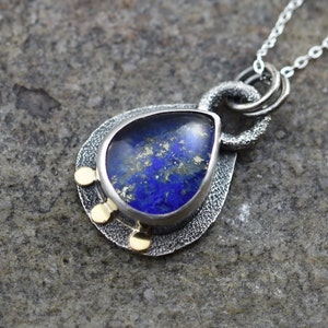 Lapis And Sterling Silver With 18K Gold Dots Pendant, Lapis, Silver and 18K Gold Pendant, Small Lapis And Silver Necklace With 18K Gold Dots