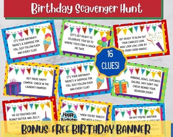 Birthday Scavenger Hunt, Birthday Treasure Hunt, Birthday Kid's Activity, Printable Scavenger Hunt, Digital Download, Free Birthday Banner