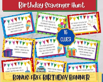 May include: A colourful birthday scavenger hunt game with 16 clues. The clues are printed on colourful cards with a variety of fun illustrations. The game includes a bonus free birthday banner.