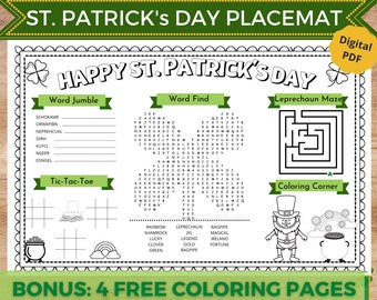 St. Patrick's Day Placemat, Coloring Placemat, Bonus Coloring Pages, Printable, Digital Download