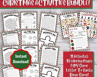May include: A printable Christmas activity bundle with 11 activities, 14 coloring pages, an I Spy game, a letter to Santa, and a bingo game. The activities are printed on white paper with red and green stripes. The text "Instant Download!" is in a green circle.