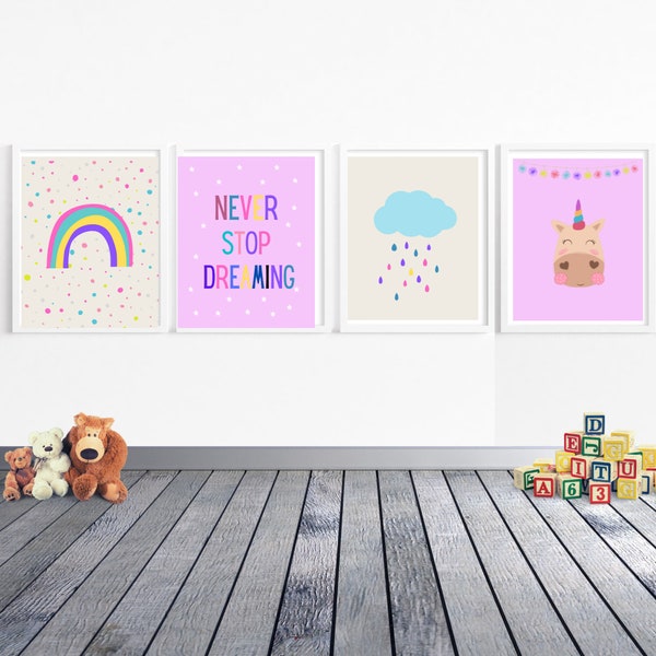 Girls Bedroom Art, Unicorn, Rainbow Wall Art, Printable Art