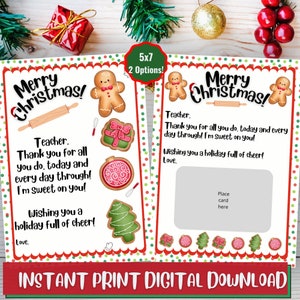 Lehrer Weihnachtskarte, Cookie Thema Weihnachtskarte, 5 x 7 Lehrer Danke Weihnachtskarte, Geschenk Kartenhalter, Printabl