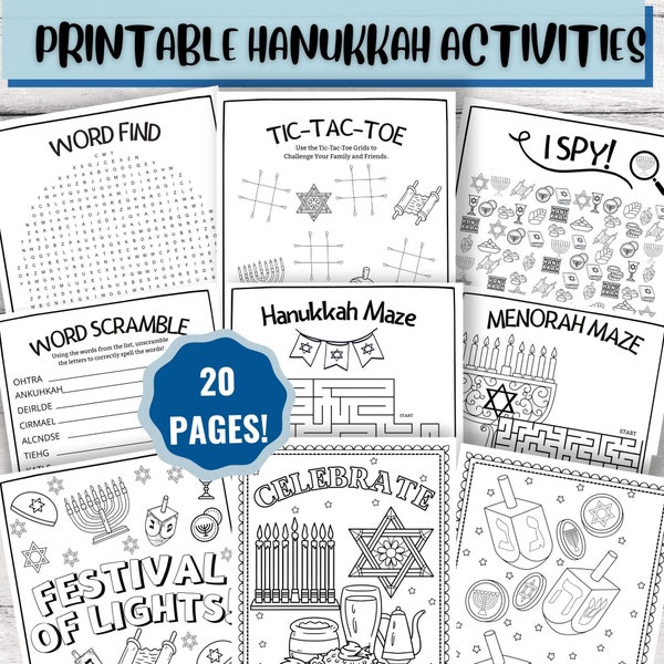 20 Printable Hanukkah Activities, Hanukkah Activity Bundle, Kid's Activities, Hanukkah Coloring pages, Hanukkah Dinner Games, Printable