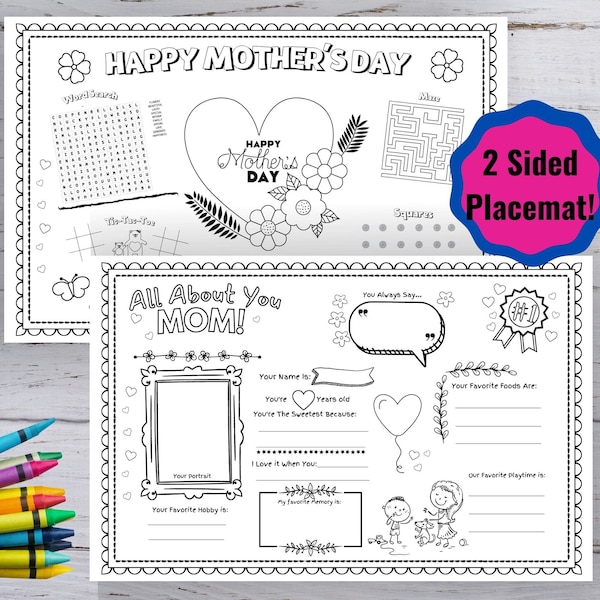 Printable Mother's Day Activity Placemats, Printable Placemats, Coloring Placemat, Kid's Activities, Brunch Activity, Digital PDF, Printable