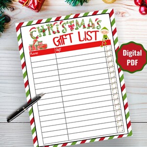 Lista de presentes de Natal, lista de compras de Natal para impressão, lista de verificação de Natal, planejador de férias, lista de Natal, rastreador digital de presentes de Natal