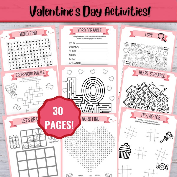 30 Printable Valentine's Day Kid's Activities, Valentine's Day Bundle, Valentine Party Activity, Classroom games, Valentine Printable
