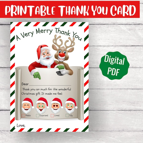 Printable Kid's Thank You Card, Christmas Thank You Card, Kids Printable Thank You Note, Fill In The Blank, Instant Download