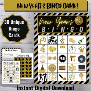 Oudejaarsbingo, 30 unieke bingokaarten, nieuwjaarsactiviteit voor kinderen, nieuwjaarsafdruk, oudejaarsavondspel, digitale download