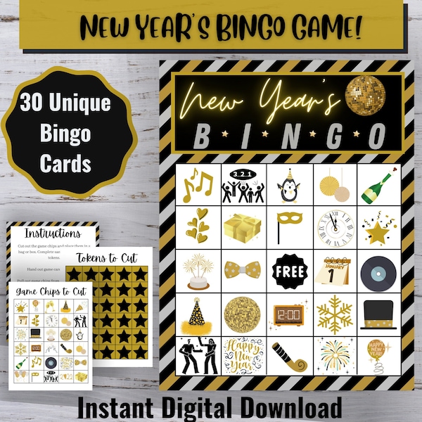 New Year's Bingo, 30 Unique Bingo Cards, Kids' New Year's Activity, New Year's Printable, New Year's Eve Game, Digital Download