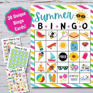 Zomerafdrukbare bingo, 30 unieke bingokaarten, zomerkampactiviteit voor kinderen, zomerkinderen afdrukbaar, zomeractiviteiten, bingokaarten, direct