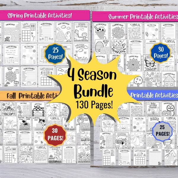 4 Season Printable Activity Bundle, Fall kids Activities, Spring Kids Activities, Winter kids activites, Coloring Pages, Digital Download