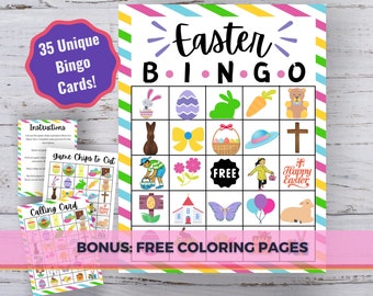 Easter Bingo Game, 35 Unique Cards, Kids Easter Activity (Digital Download)