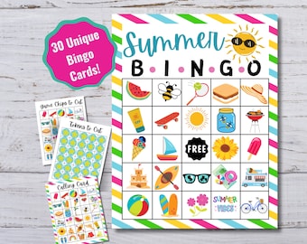 Sommer druckbare Bingo, 30 einzigartige Bingokarten, Kinder Sommercamp Aktivität, Sommerkinder druckbar, Sommeraktivitäten, Bingokarten, sofort verfügbar
