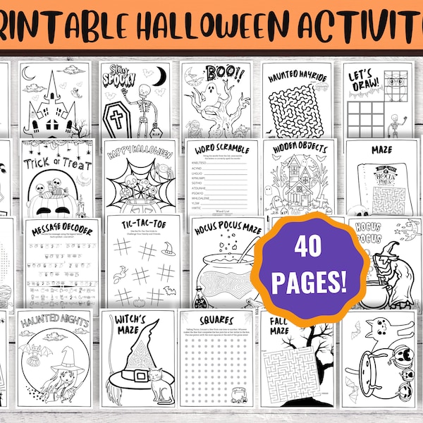40 actividades imprimibles de Halloween para niños, páginas para colorear de Halloween, búsqueda de palabras de Halloween, paquete de Halloween, PDF imprimible, descarga digital