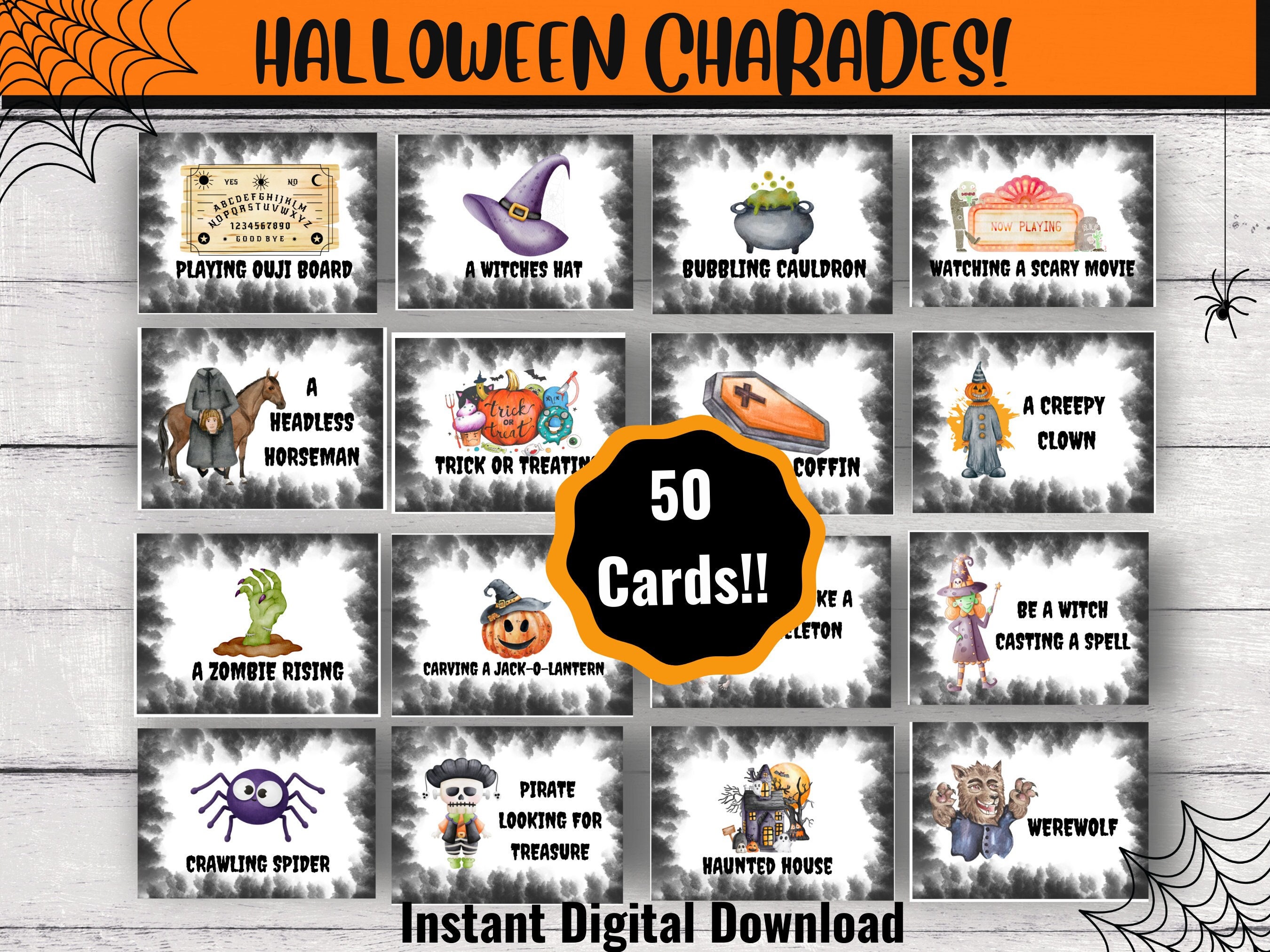 Halloween Charades Game, 50 Cards, Kids Party (Digital Download)
