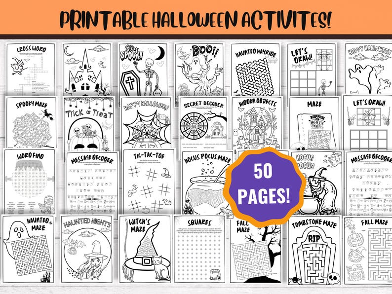 May include: A set of printable Halloween activity sheets, featuring mazes, word searches, and drawing tasks. The image shows 50 pages of black and white illustrations with spooky themes, ideal for children. The title "PRINTABLE HALLOWEEN ACTIVITIES!" is displayed at the top.