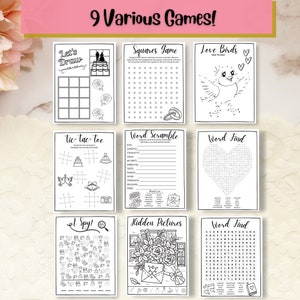 May include: A printable set of nine wedding-themed games, including "Let's Draw", "Squares Game", "Love Birds Dot to Dot", "Tic-Tac-Toe", "Word Scramble", "Word Find", "I Spy", "Hidden Pictures", and "Word Find".