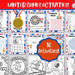 May include: A collection of 16 Winter Games activities, including mazes, drawing prompts, and word games. The pages feature red, white, and blue star and stripe borders, with the text "Winter Games Activities!" at the top.