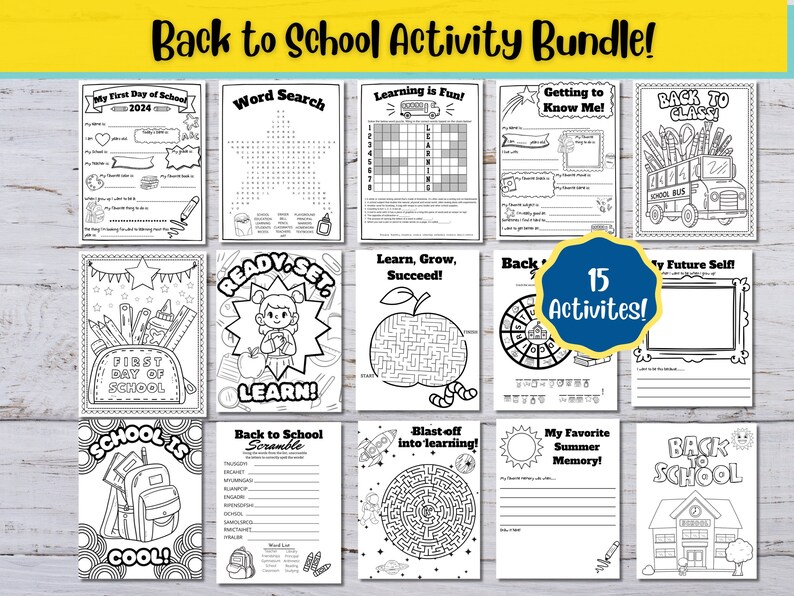 Back to School Printable school activities in a school theme.Prints black and white and includes a word search, mazes, a word scramble, coloring pages and more!